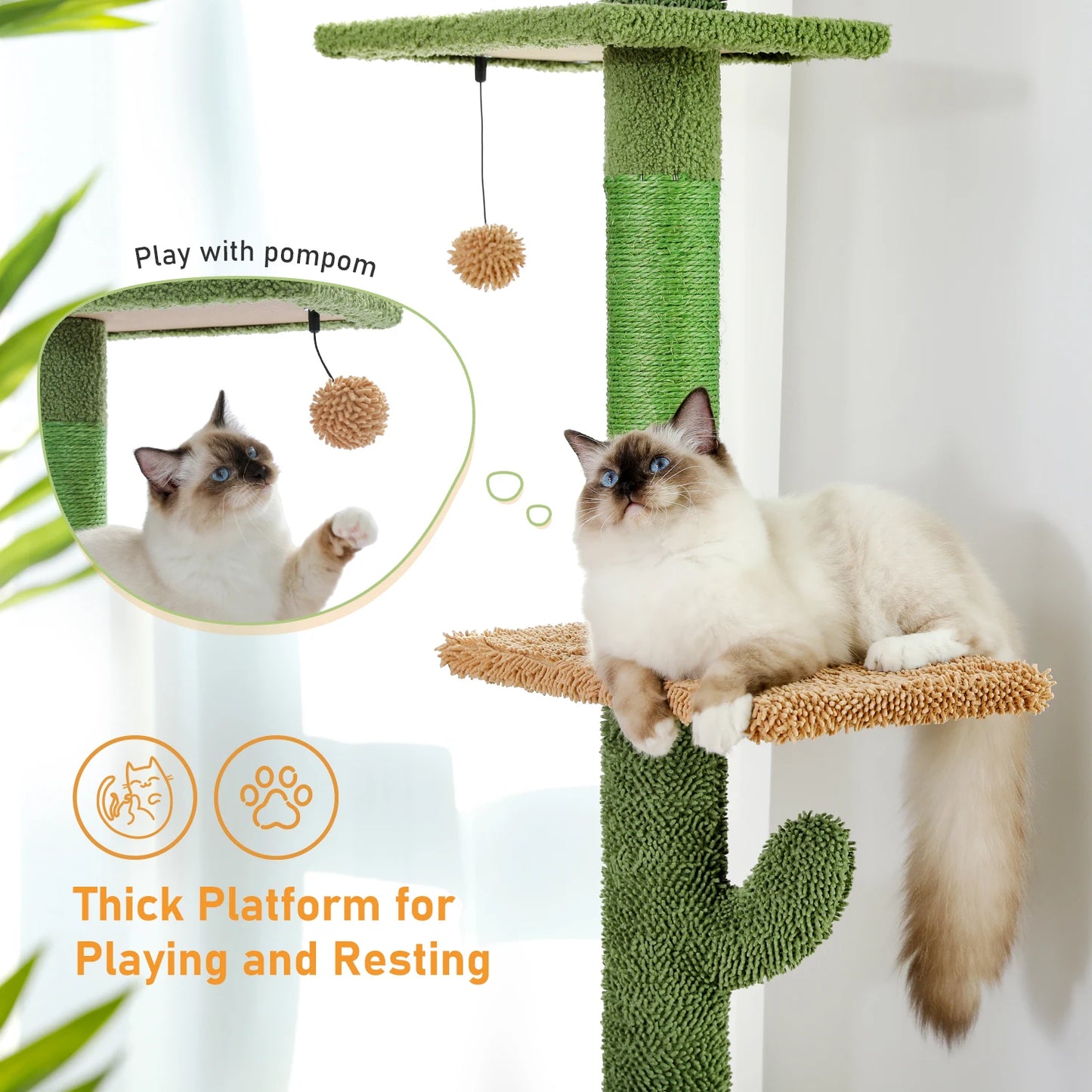 Cat Tree 5 Tier Floor to Ceiling Cat Tower Cactus Tall Climbing Tree with Scratching Post Hammock and Dangling Ball for Indoor Cats