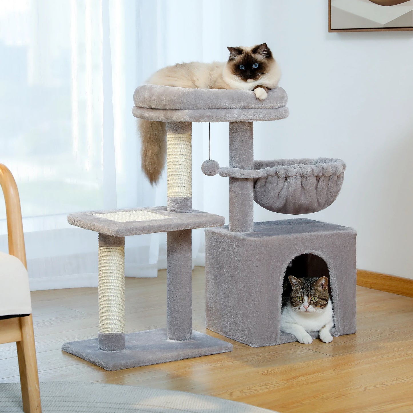 Cat Tree Cat Tower for Indoor Cats Three-Tier Activity Tree with Scratching Posts Big Hammock and Removable Top Perch Grey