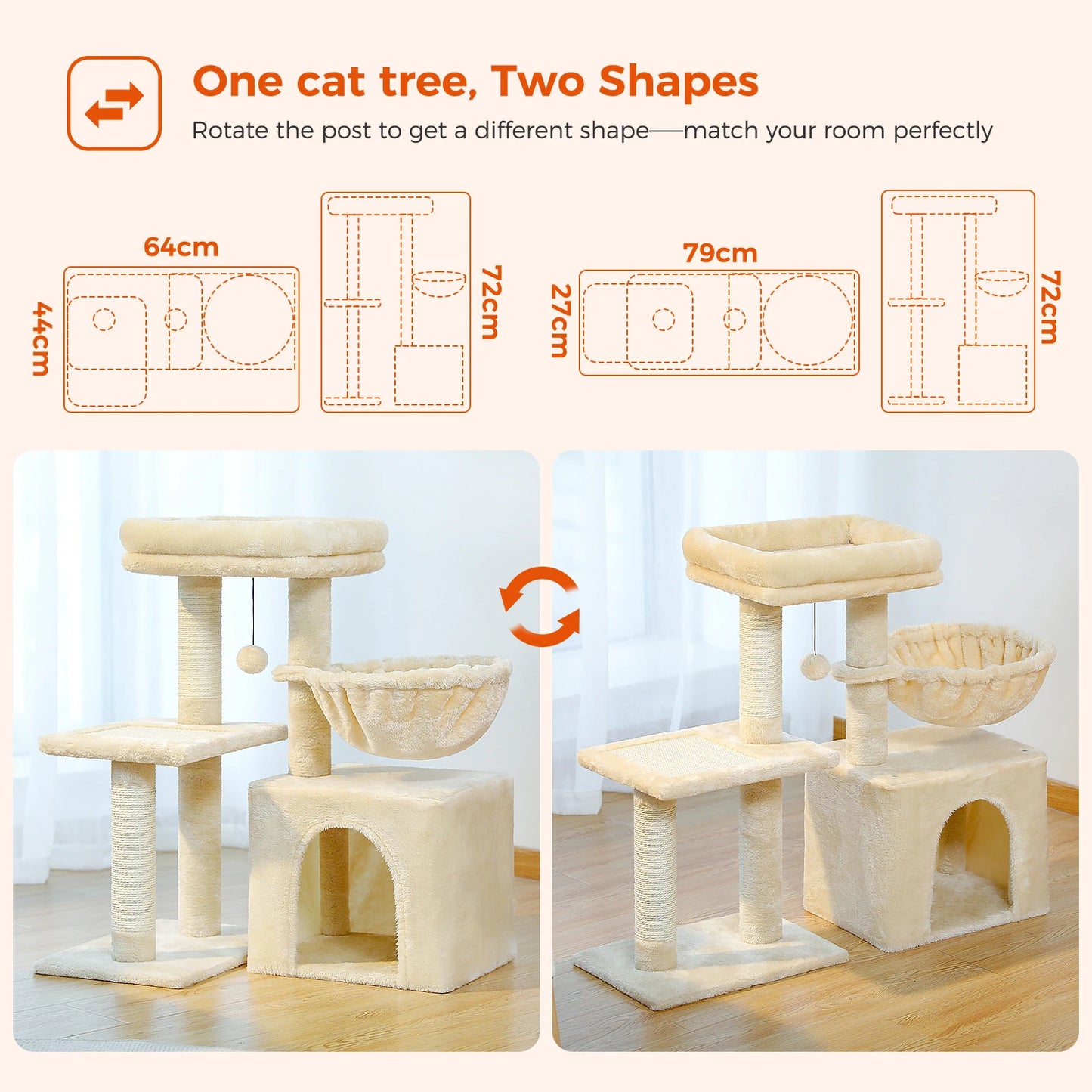 Cat Tree Cat Tower for Indoor Cats Three-Tier Activity Tree with Scratching Posts Big Hammock and Removable Top Perch Grey