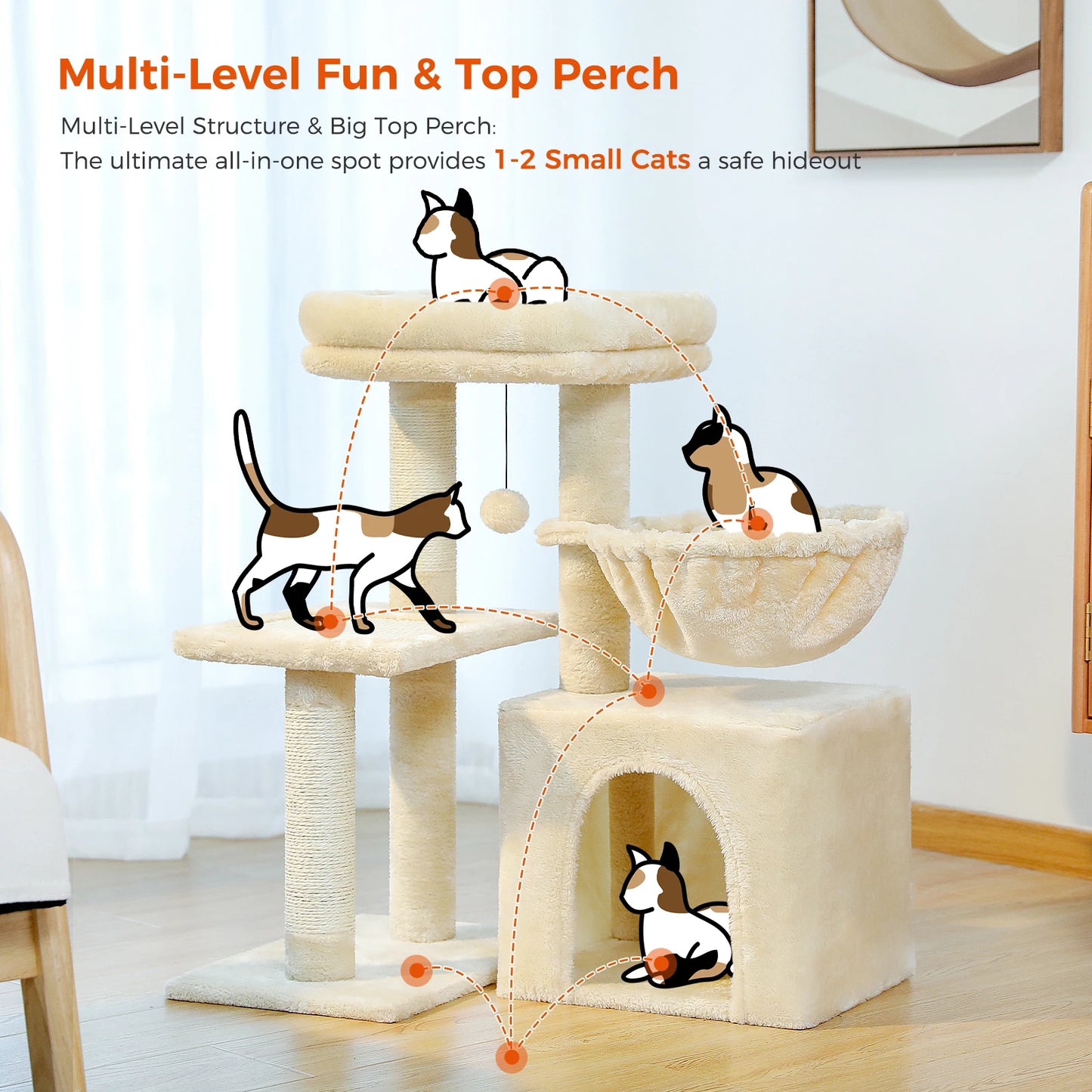 Cat Tree Cat Tower for Indoor Cats Three-Tier Activity Tree with Scratching Posts Big Hammock and Removable Top Perch Grey