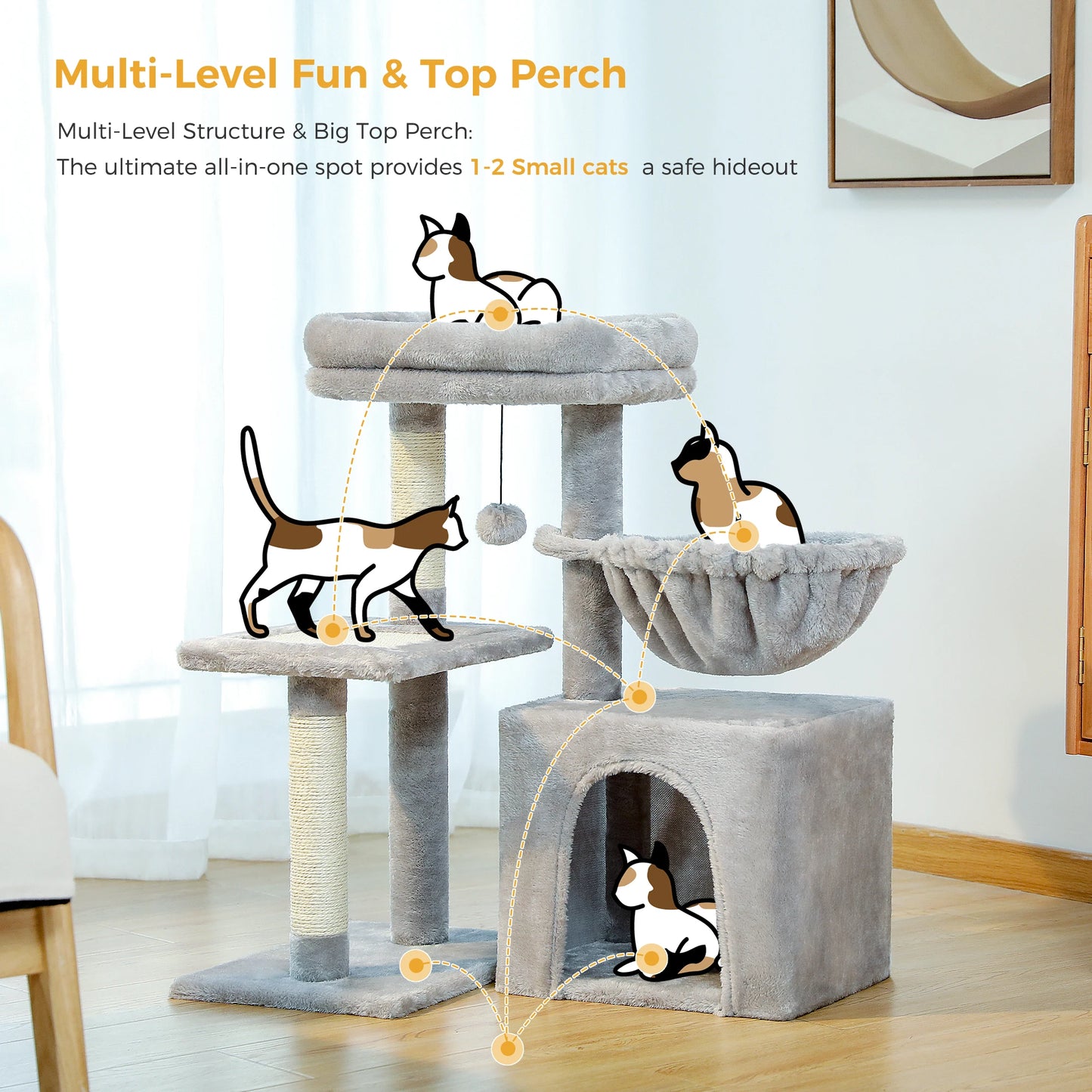 Cat Tree Cat Tower for Indoor Cats Three-Tier Activity Tree with Scratching Posts Big Hammock and Removable Top Perch Grey