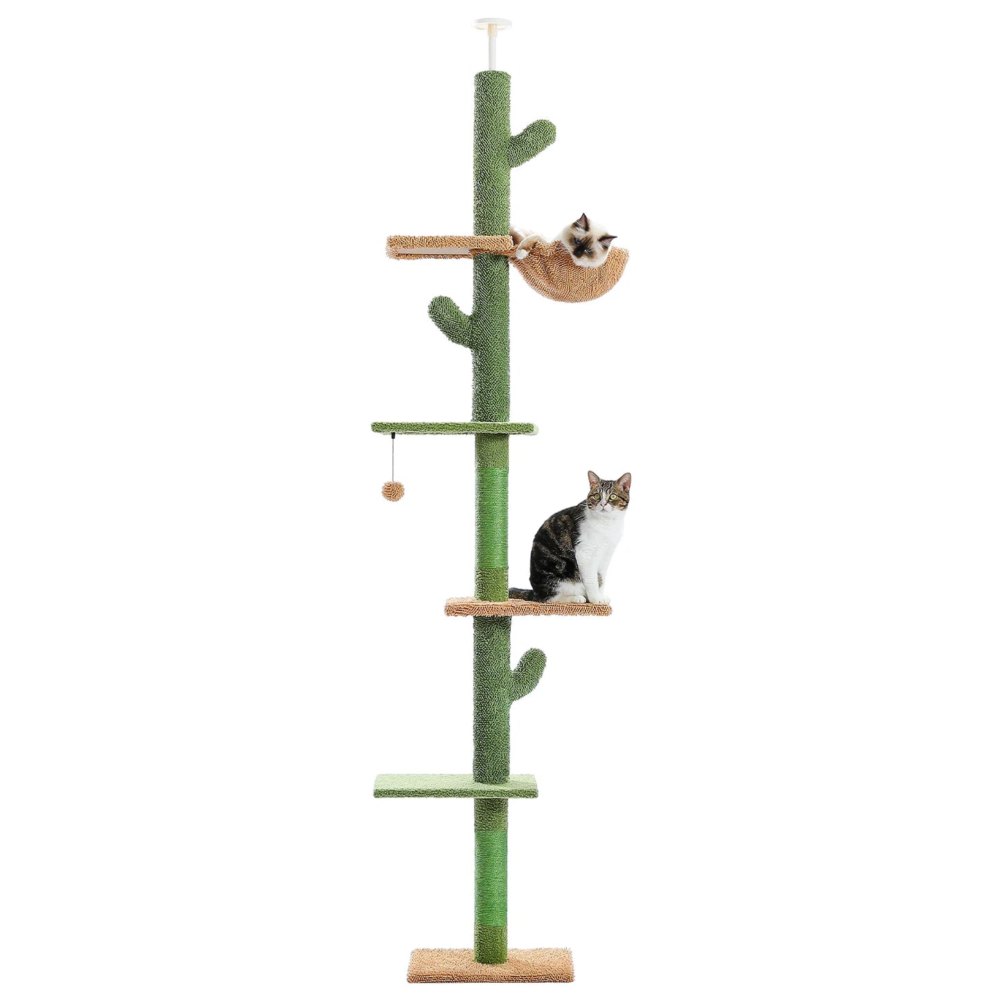 Cat Tree 5 Tier Floor to Ceiling Cat Tower Cactus Tall Climbing Tree with Scratching Post Hammock and Dangling Ball for Indoor Cats