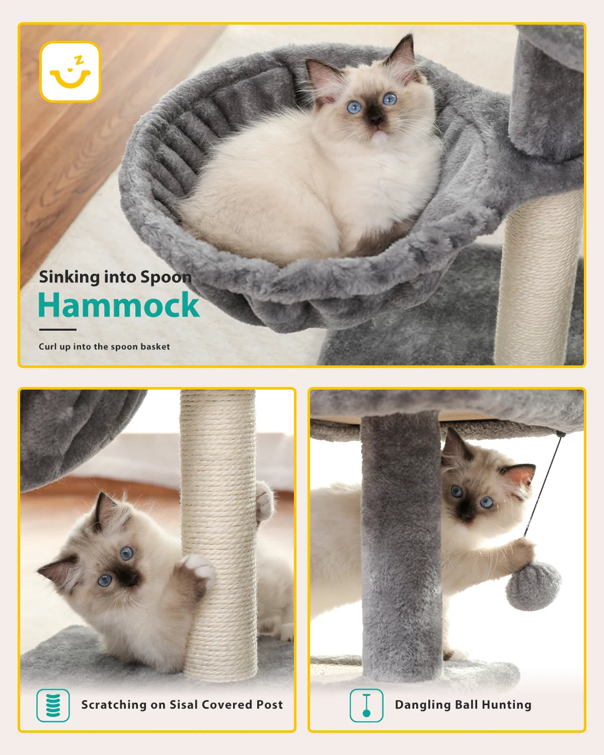 Cat Tree Cat Tower for Indoor Cats Three-Tier Activity Tree with Scratching Posts Big Hammock and Removable Top Perch Grey