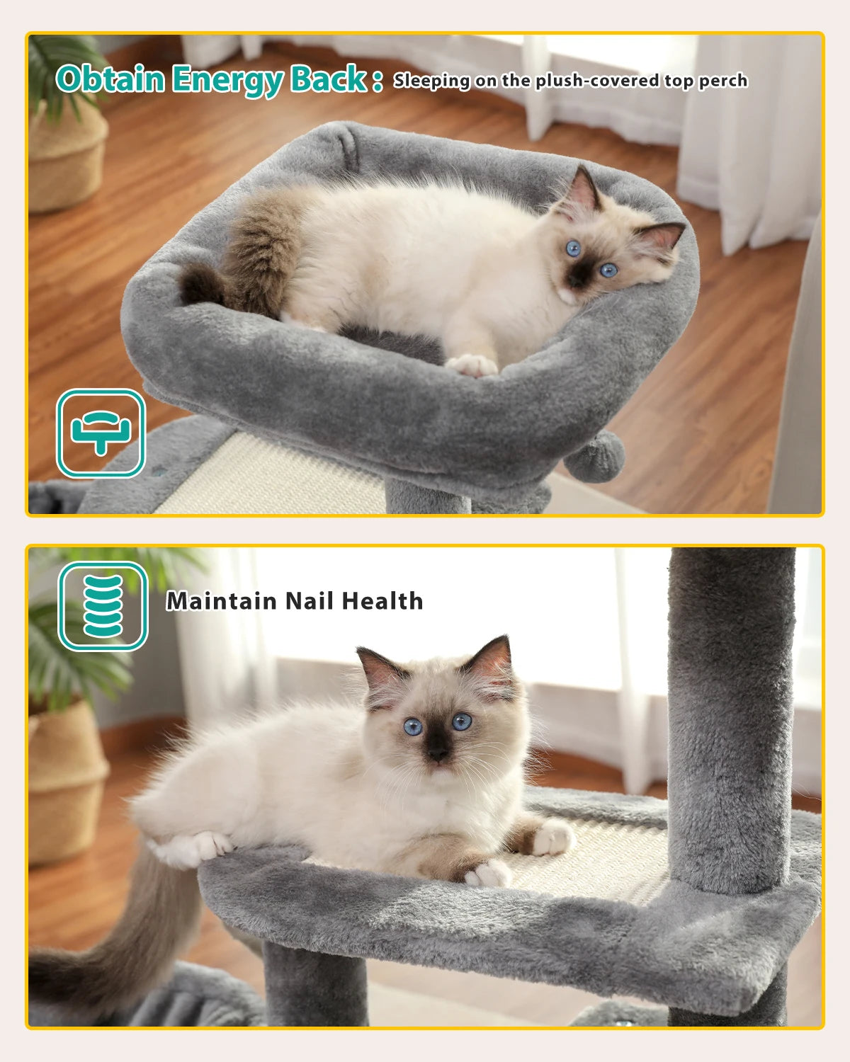 Cat Tree Cat Tower for Indoor Cats Three-Tier Activity Tree with Scratching Posts Big Hammock and Removable Top Perch Grey