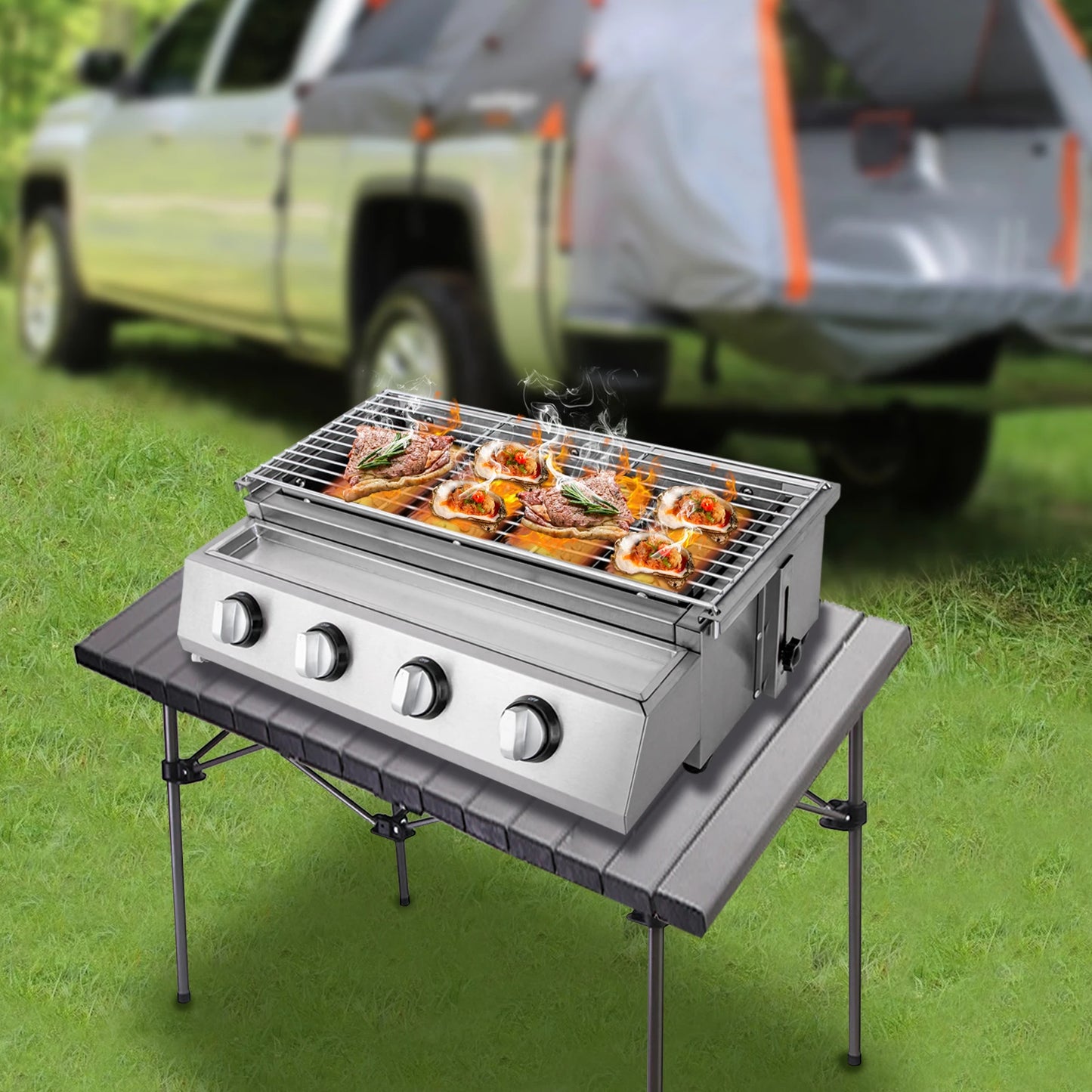 Stainless Steel Smokeless Barbecue Grill 4 Burners LPG Gas Grill Portable BBQ Grill Removable for Outdoor Patio Garden