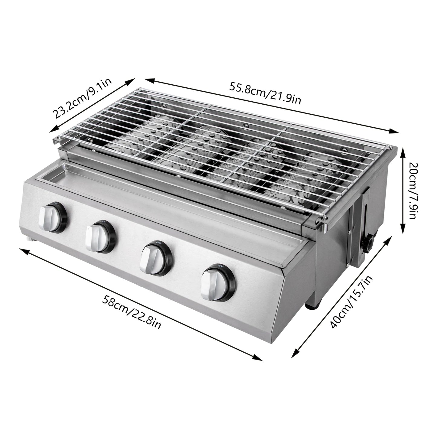 Stainless Steel Smokeless Barbecue Grill 4 Burners LPG Gas Grill Portable BBQ Grill Removable for Outdoor Patio Garden