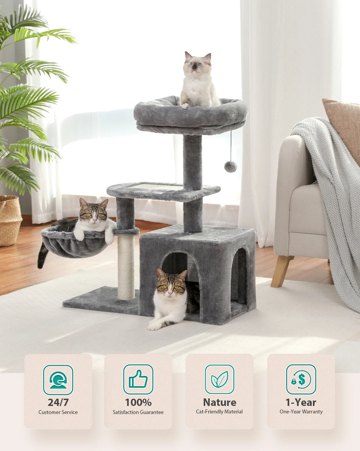 Cat Tree Cat Tower for Indoor Cats Three-Tier Activity Tree with Scratching Posts Big Hammock and Removable Top Perch Grey