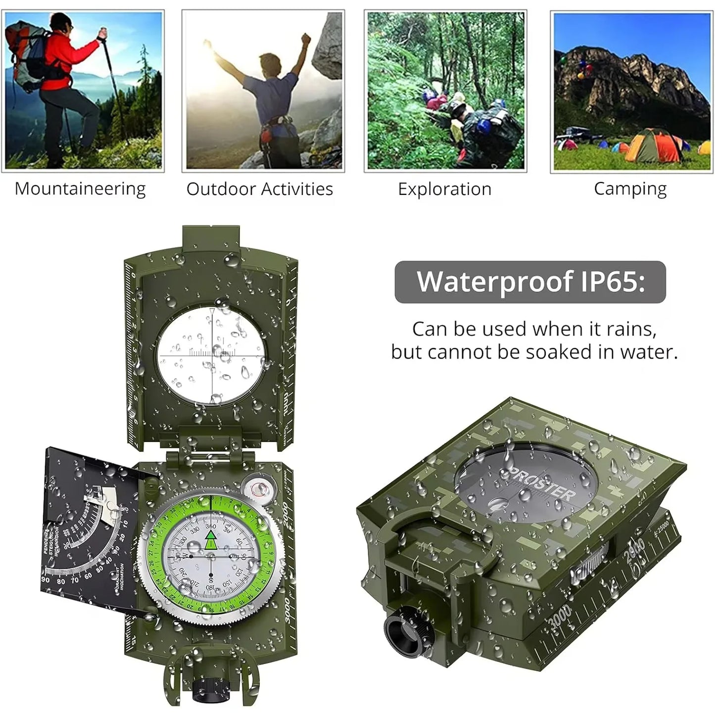 Lensatic Compass Metal Waterproof IP65 Sighting Clinometer