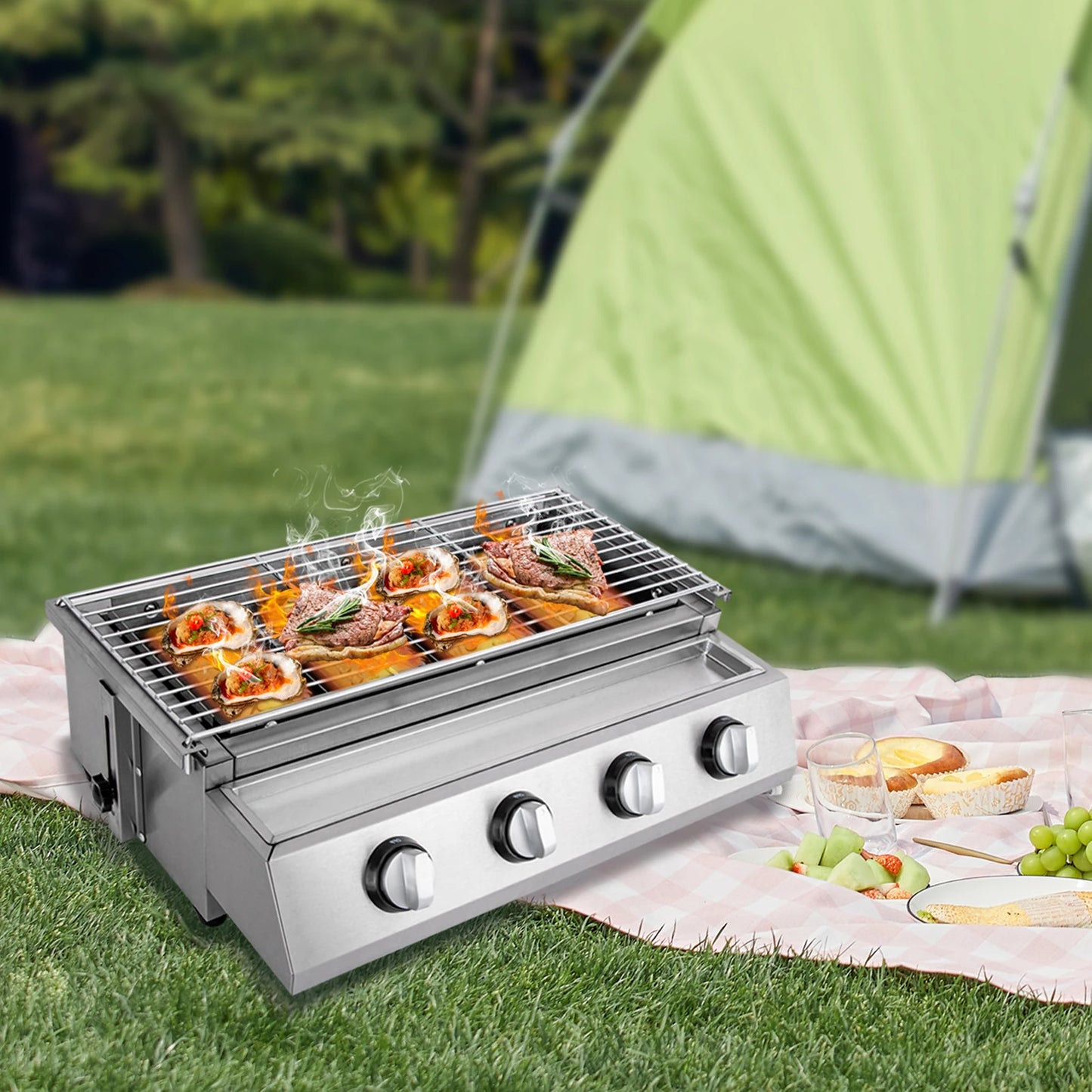 Stainless Steel Smokeless Barbecue Grill 4 Burners LPG Gas Grill Portable BBQ Grill Removable for Outdoor Patio Garden