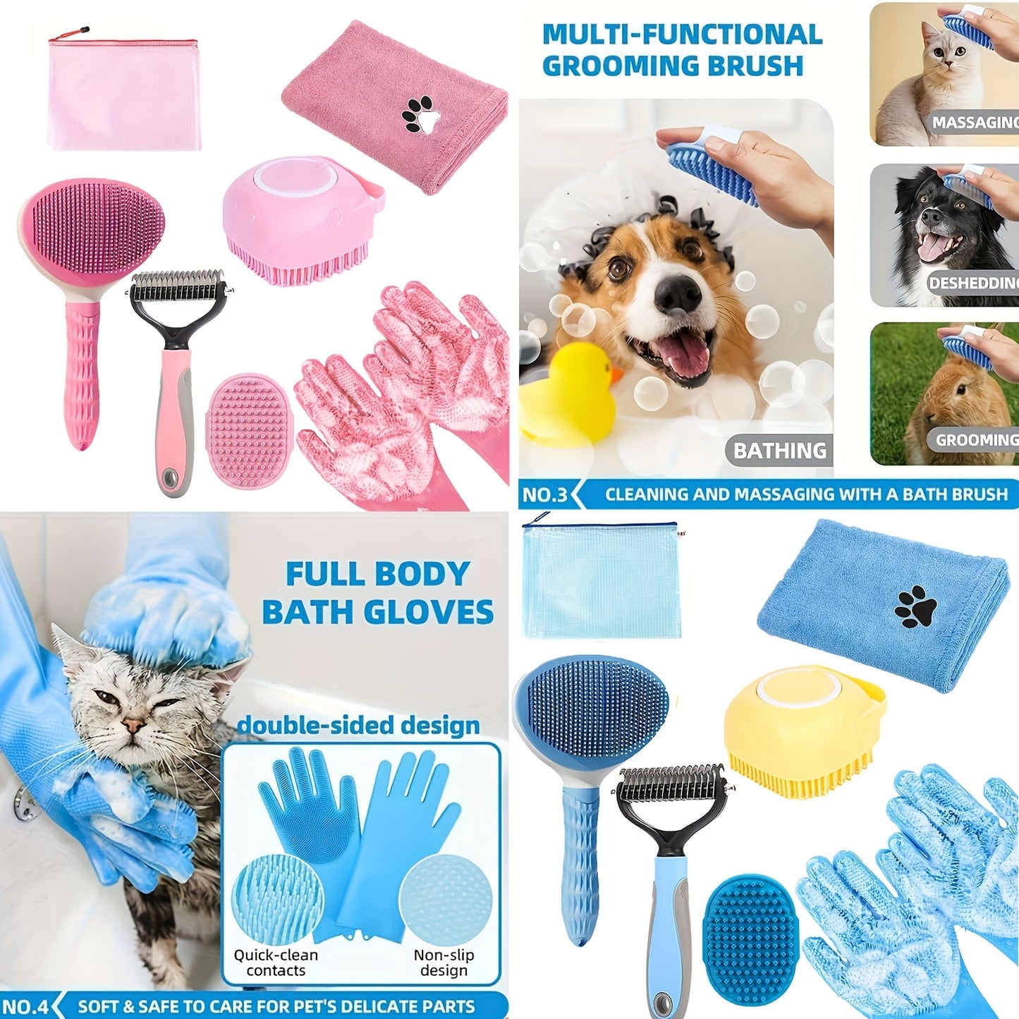 7 Dog Grooming Kit Bath Brush Double Sided Undercoat Rake Towel Tool Washing Gloves for Shedding Control and Shiny Coat