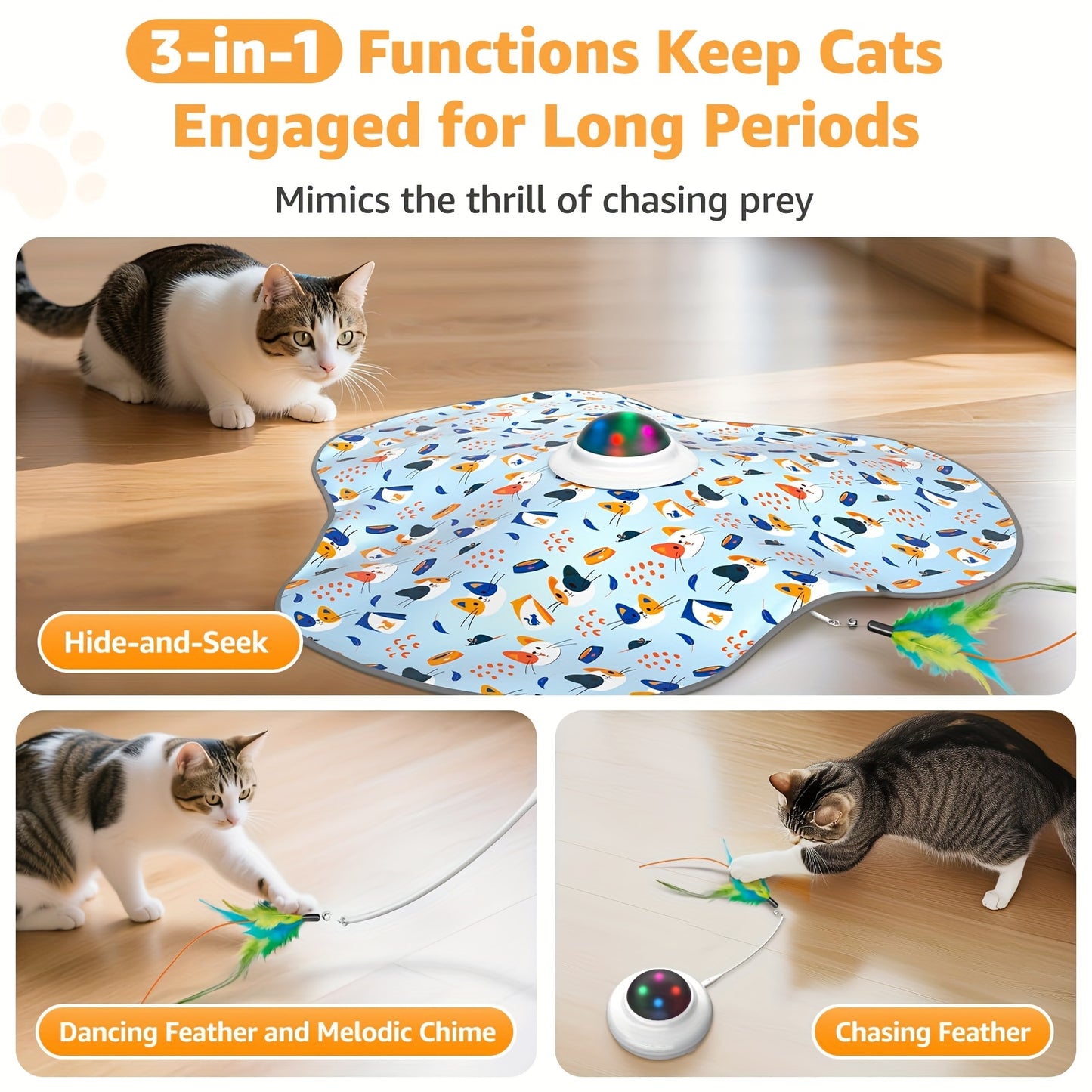 Interactive Cat Toy With Hidden Feather Wand And Removable Feather Battery Free Motion For Indoor Exercise Kicker