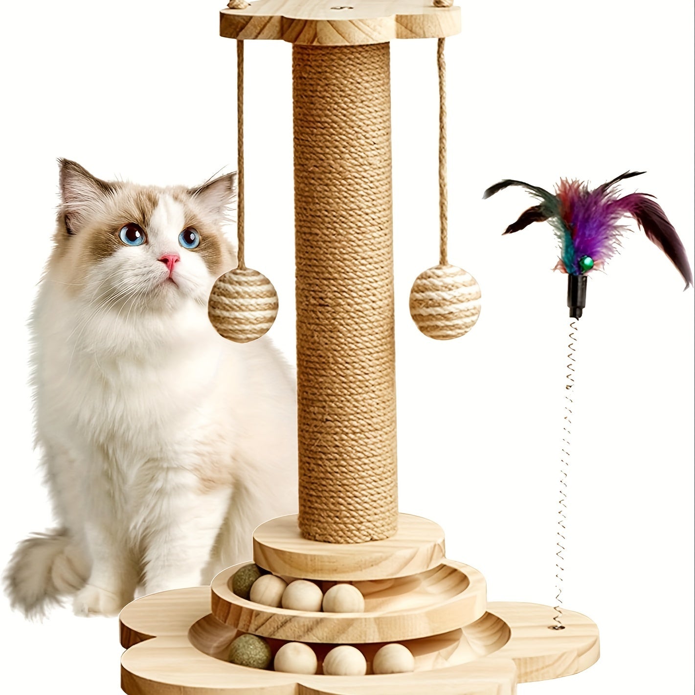 4 In 1 Wooden Cat Scratcher Toy With 17.7 Inch Tall Post, Track Balls, Feather Toy, Sisal Hanging Balls For Indoor Cats