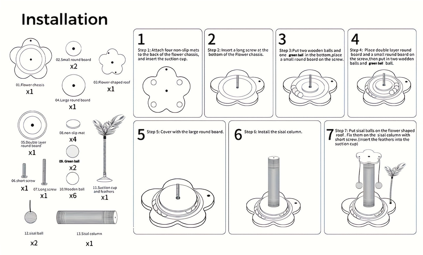 4 In 1 Wooden Cat Scratcher Toy With 17.7 Inch Tall Post, Track Balls, Feather Toy, Sisal Hanging Balls For Indoor Cats