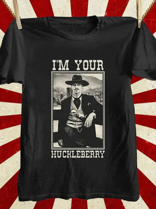 Men's 100% Cotton Retro Western T-Shirt with 'I'M YOUR HUCKLEBERRY' Print & Vintage for Man Graphic - Classic Film/Book Design, Casual Short Sleeve Tee for, for all-Season, Machine Washable (Iconic Text for easy styling)